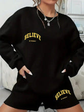 Ladies' Letter Printed Round Neck Sweatshirt And Shorts Set